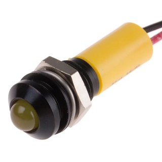RS PRO Yellow Panel Mount Indicator 12V dc 20mA Lead Wire Termination IP67 Prominent Bezel 723-9539
