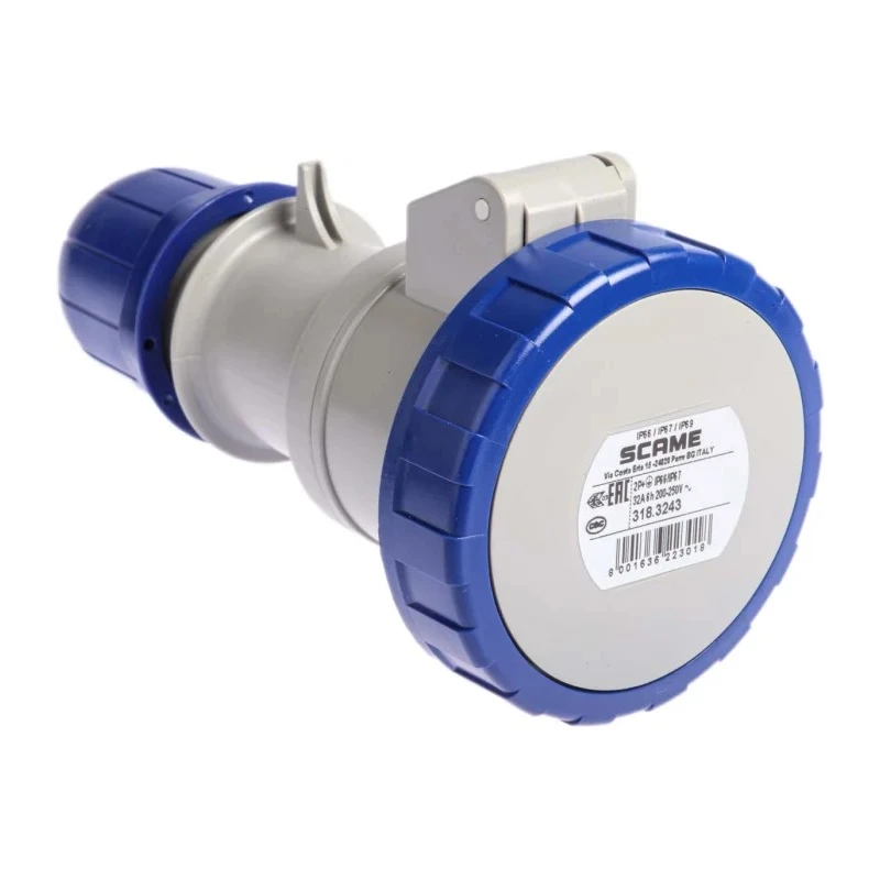 Scame Industrial Power Connector 2P+PE 32A 230V IP66 IP67 Blue Cable Mount Optima 318.3243