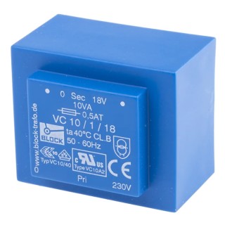 Block PCB Transformer 230 V ac Primary Voltage 18 V ac Secondary Voltage 10 VA Power Pin Mounting C-UL-US ENEC 10 VC 10/1/18