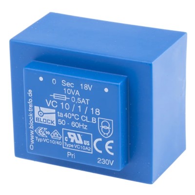 Block PCB Transformer 230 V ac Primary Voltage 18 V ac Secondary Voltage 10 VA Power Pin Mounting C-UL-US ENEC 10 VC 10/1/18