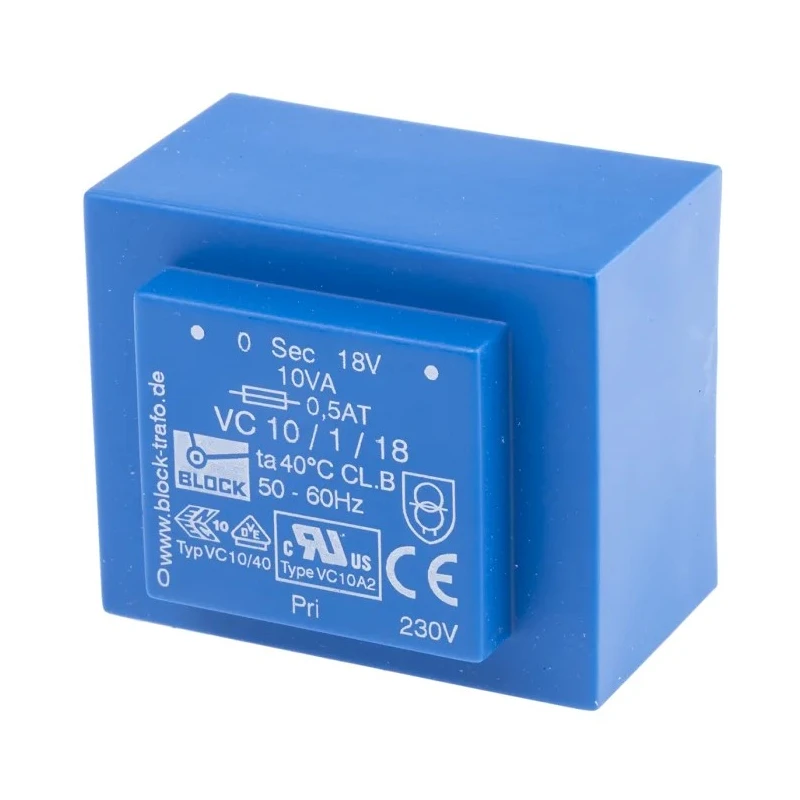 Block PCB Transformer 230 V ac Primary Voltage 18 V ac Secondary Voltage 10 VA Power Pin Mounting C-UL-US ENEC 10 VC 10/1/18
