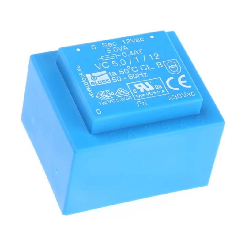 Block PCB Transformer 12 V ac 1 Output Pin, 5 VA, 230 V ac Primary, ENEC 10 (VDE) VC 5,0/1/12
