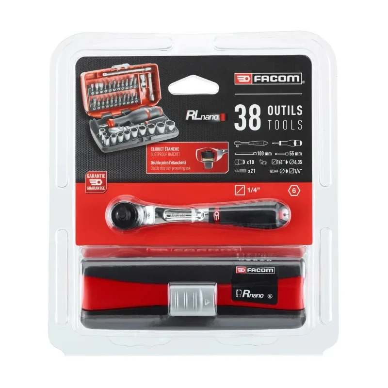 Facom 38-Piece 1/4 in 6 Point Socket Set with Pear Head Ratchet RL.NANO1PB