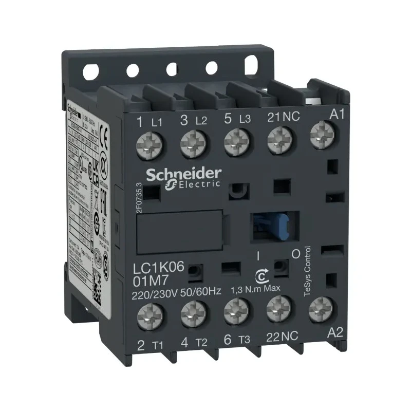 Schneider Electric LC1K0601U7 TeSys K Contactor, 230V AC Coil, 3-Pole, 6A, 1.5 kW 240V, 3 NO, 690V AC LC1K0601U7