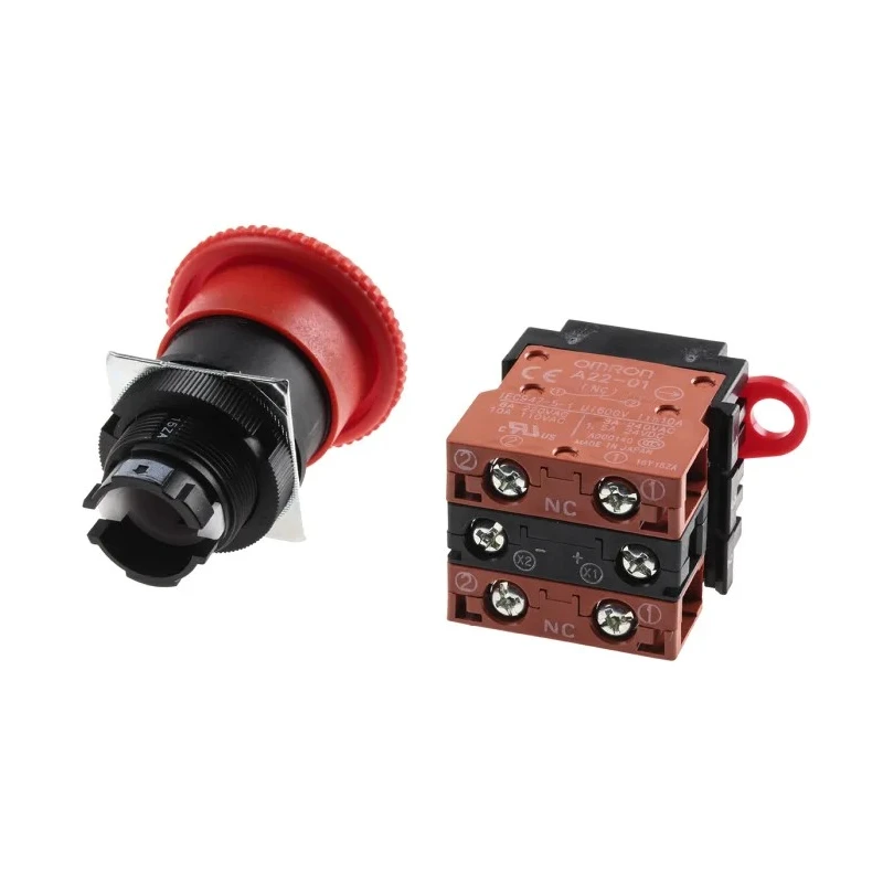 Omron A22E Series Turn Reset Illuminated Emergency Stop Push Button Panel Mount 22mm Cutout 2 NC IP65 A22EL-M-24A-02
