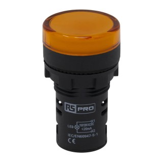 RS PRO Panel Mount Yellow LED Pilot Light 22 mm Cutout 110V AC IP65 Round 763-7933