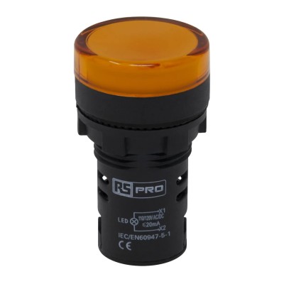 RS PRO Panel Mount Yellow LED Pilot Light 22 mm Cutout 110V AC IP65 Round 763-7933
