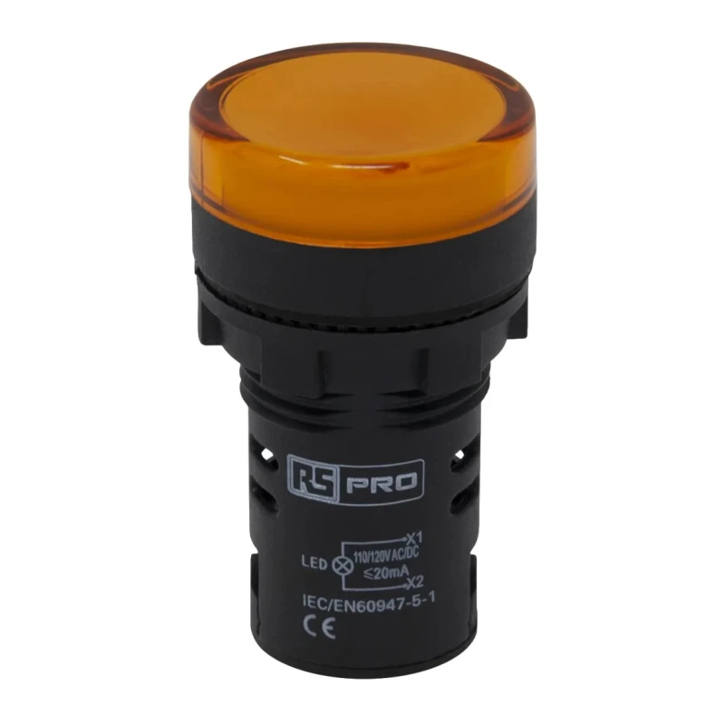 RS PRO Panel Mount Yellow LED Pilot Light 22 mm Cutout 110V AC IP65 Round 763-7933