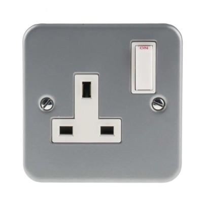 RS PRO 13A Grey 1 Gang Plug Socket Indoor Type G British 230V Matt Steel Metal Clad 768-3504