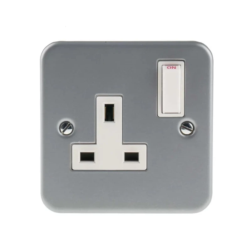 RS PRO 13A Grey 1 Gang Plug Socket Indoor Type G British 230V Matt Steel Metal Clad 768-3504