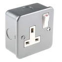 RS PRO 13A Grey 1 Gang Plug Socket Indoor Type G British 230V Matt Steel Metal Clad 768-3504