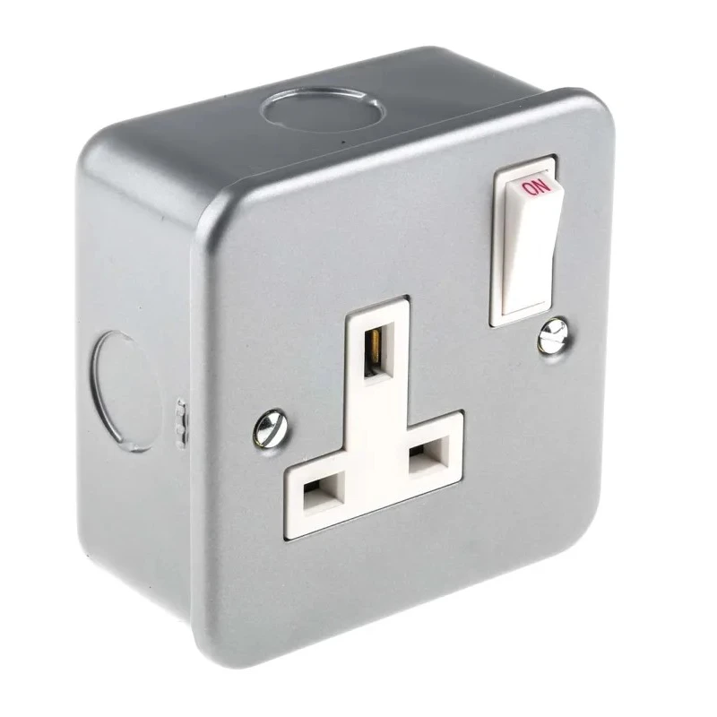 RS PRO 13A Grey 1 Gang Plug Socket Indoor Type G British 230V Matt Steel Metal Clad 768-3504