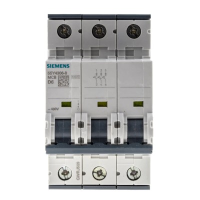 Siemens SENTRON Miniature Circuit Breaker 3-Pole 6A Type D 400V AC 60V DC 10 kA Breaking Capacity 5SY4306-8