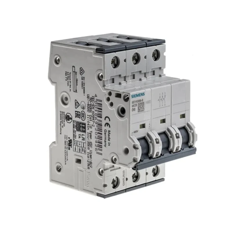 Siemens SENTRON Miniature Circuit Breaker 3-Pole 6A Type D 400V AC 60V DC 10 kA Breaking Capacity 5SY4306-8