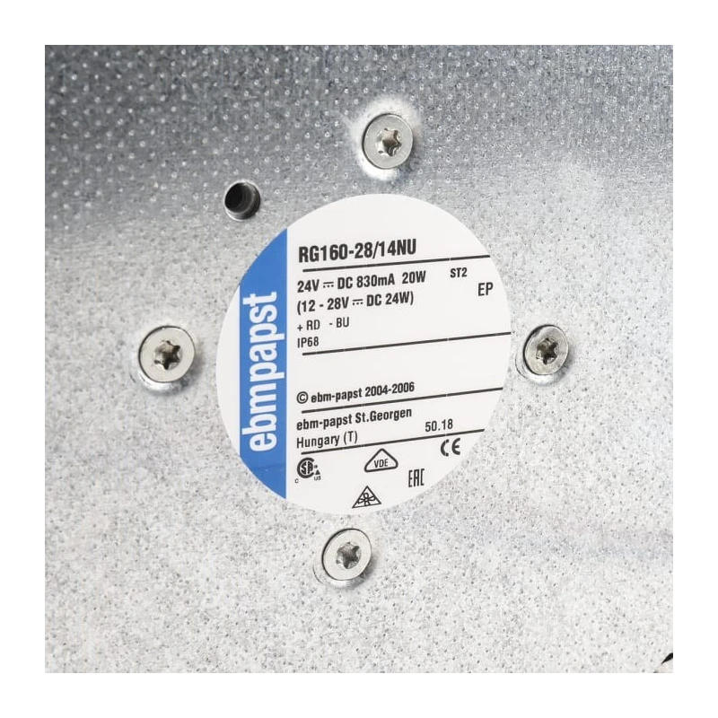 ebm-papst RG160-28/14NU RG 160 N Series Centrifugal Fan, 24V DC, 209 m³/h Air Flow, 2850 RPM, IP68 Rated RG160-28/14NU