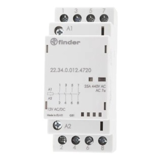 Finder 22 Contactor 12V DC Coil 4-Pole 25A 4 kW Motor Control 3 NO/1 NC 250 V DC 440 V AC 22.34.0.012.4720