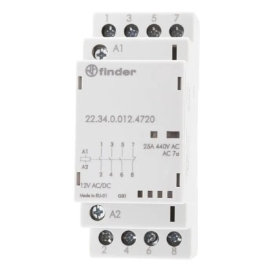 Finder 22 Contactor 12V DC Coil 4-Pole 25A 4 kW Motor Control 3 NO/1 NC 250 V DC 440 V AC 22.34.0.012.4720