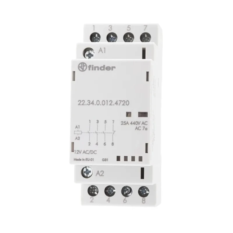 Finder 22 Contactor 12V DC Coil 4-Pole 25A 4 kW Motor Control 3 NO/1 NC 250 V DC 440 V AC 22.34.0.012.4720