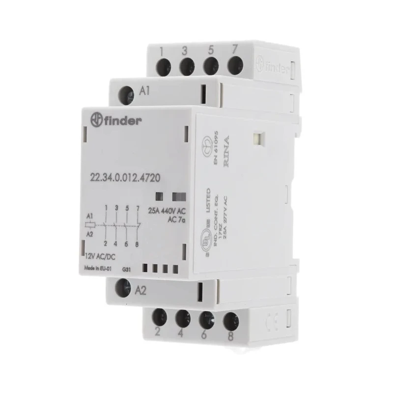 Finder 22 Contactor 12V DC Coil 4-Pole 25A 4 kW Motor Control 3 NO/1 NC 250 V DC 440 V AC 22.34.0.012.4720