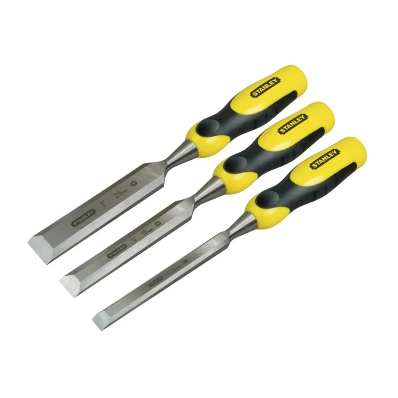 Stanley 3 Piece Carbon Steel Wood Chisel Set Forged Chrome-Carbon Blades Soft-Grip CAB Handle 2-16-883