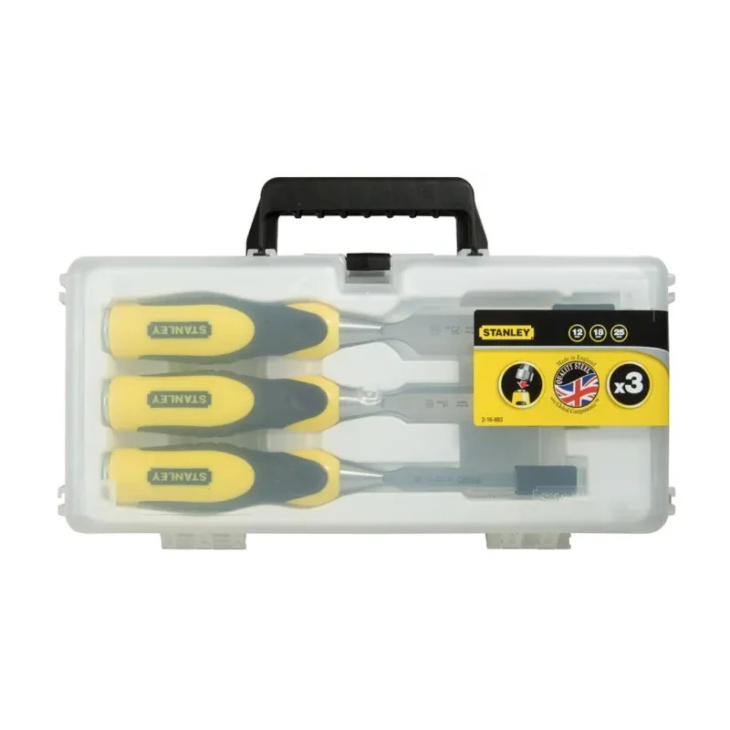Stanley 3 Piece Carbon Steel Wood Chisel Set Forged Chrome-Carbon Blades Soft-Grip CAB Handle 2-16-883