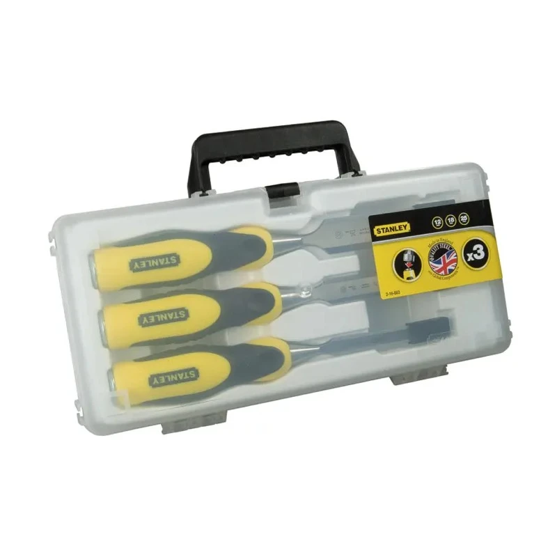 Stanley 3 Piece Carbon Steel Wood Chisel Set Forged Chrome-Carbon Blades Soft-Grip CAB Handle 2-16-883