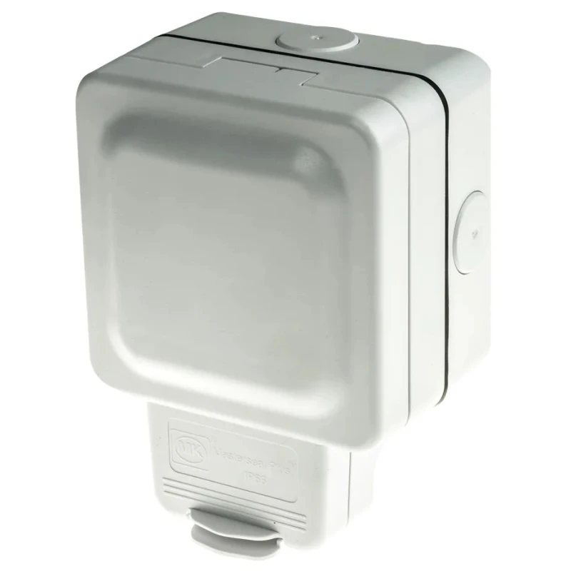 MK Electric 13A White 1 Gang Plug Socket Outdoor Surface Mounted Type G British IP66 K56486WHI