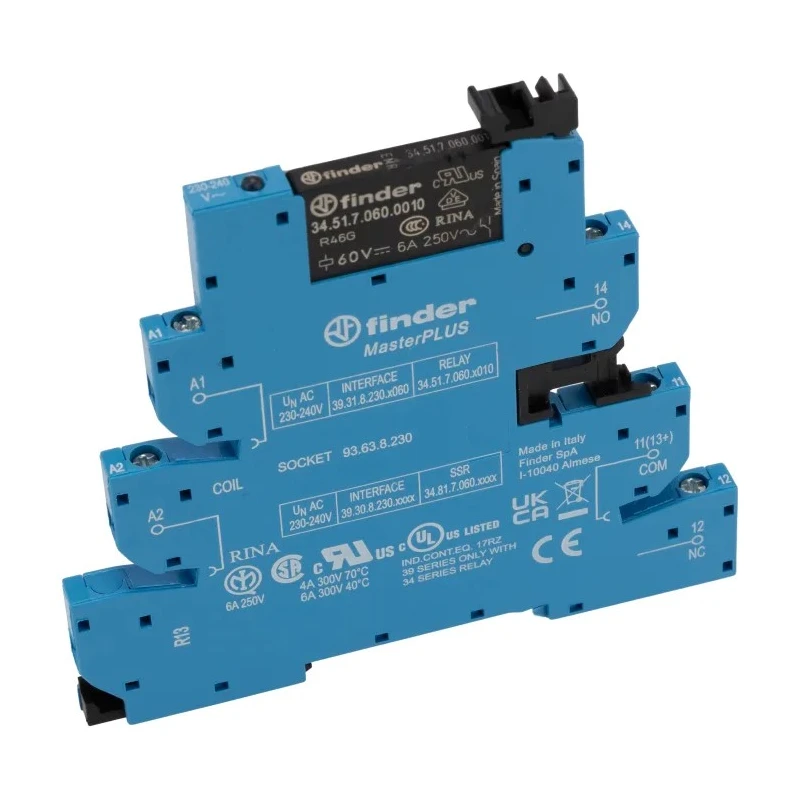 Finder Electromechanical Interface Relay Starter Module 230V AC Coil 6A SPDT Screw Terminals IP20 Protection 39.31.8.230.0060