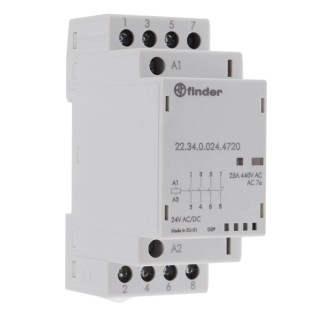Finder 22 Contactor, 24V AC/DC Coil, 4-Pole, 25 A Contact Current, 2 NO Auxiliary Contacts, 440V 22.34.0.024.4720