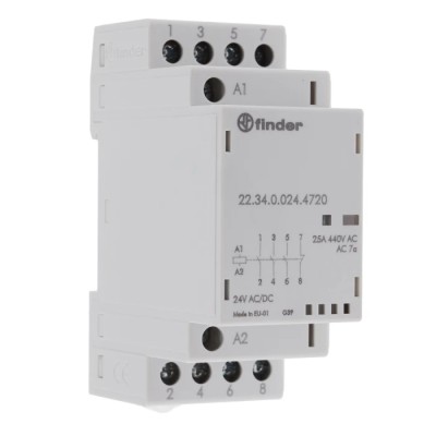 Finder 22 Contactor, 24V AC/DC Coil, 4-Pole, 25 A Contact Current, 2 NO Auxiliary Contacts, 440V 22.34.0.024.4720