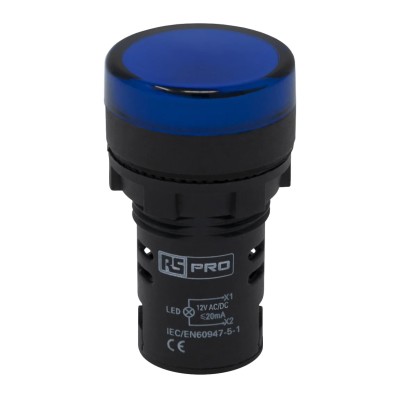 RS PRO Panel Mount Blue LED Pilot Light 22 mm Cutout 12V AC/DC IP65 Round 791-8585