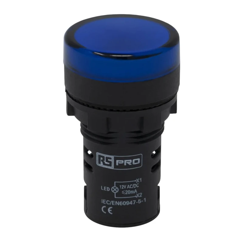 RS PRO Panel Mount Blue LED Pilot Light 22 mm Cutout 12V AC/DC IP65 Round 791-8585