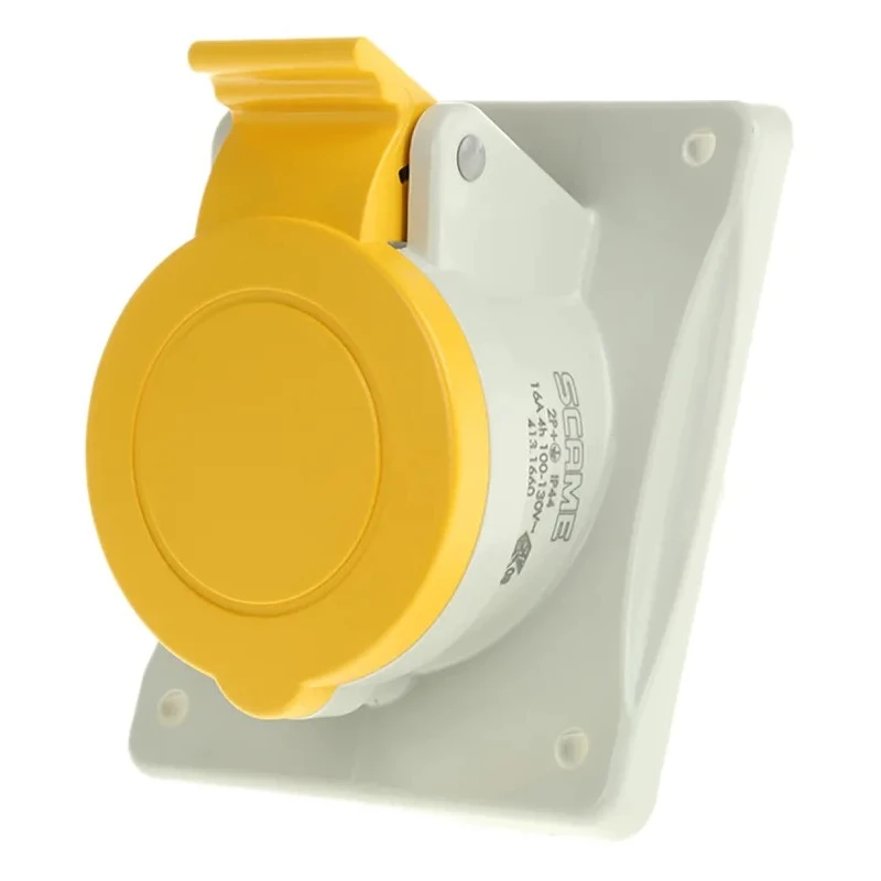 Scame Heavy Duty Power Connector 16A 110V IP44 Yellow Panel Mount Screw Terminal 2P+PE Optima IP44