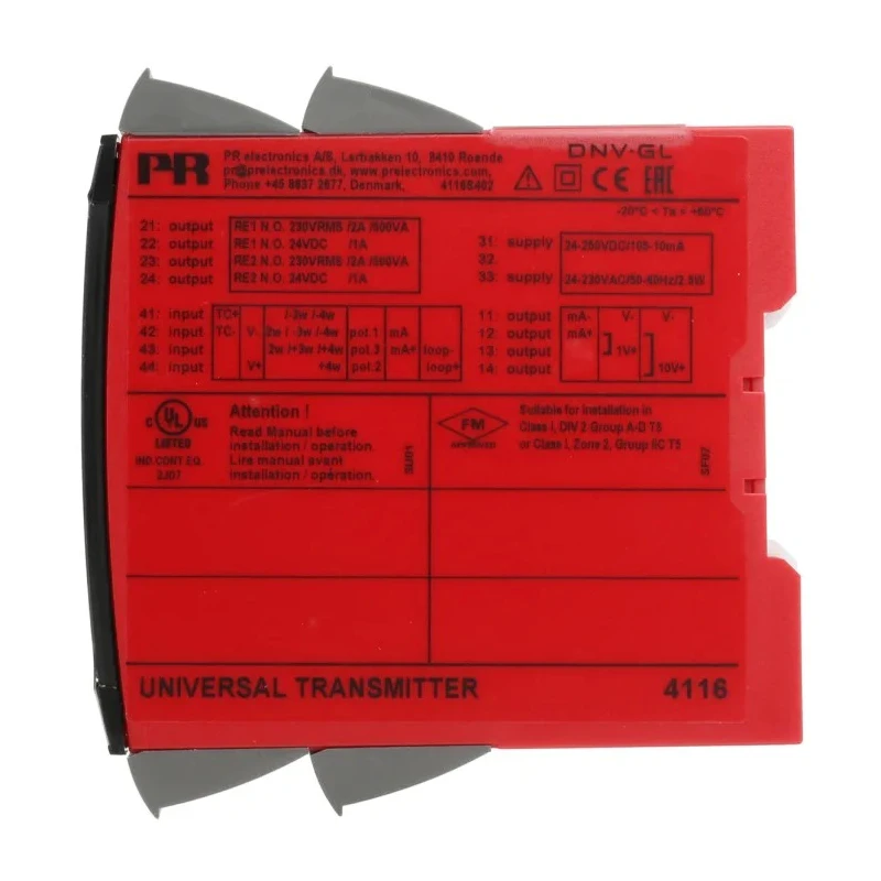 PR Electronics 4100 Series Universal Transmitter Universal Input Voltage Relay Current Output 21.6 253 V AC 4116