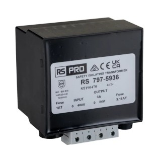 RS PRO 100 VA DIN Rail Isolation Transformer 115 to 400 V AC Primary, 24 V AC and 12 V Secondary, Molded Resin 797-5936