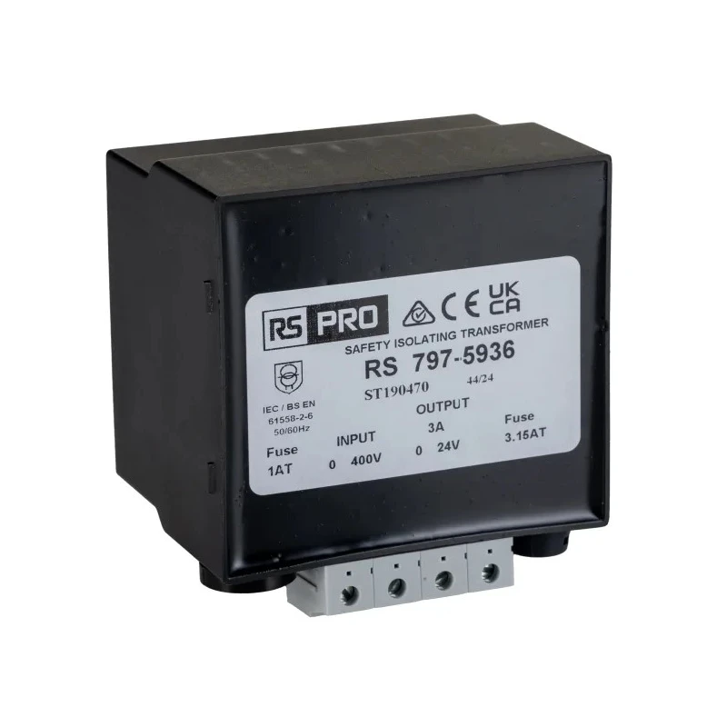 RS PRO 100 VA DIN Rail Isolation Transformer 115 to 400 V AC Primary, 24 V AC and 12 V Secondary, Molded Resin 797-5936