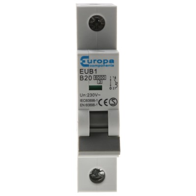 Europa Miniature Circuit Breaker 1-Pole 20A Type B 240V AC 6 kA Breaking Capacity EUB1