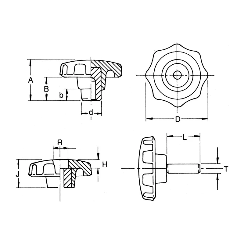 RS PRO Black Phenolic Multiple Lobes Clamping Knob M6 Threaded Stud 32mm Diameter 30mm Thread Length 686-109