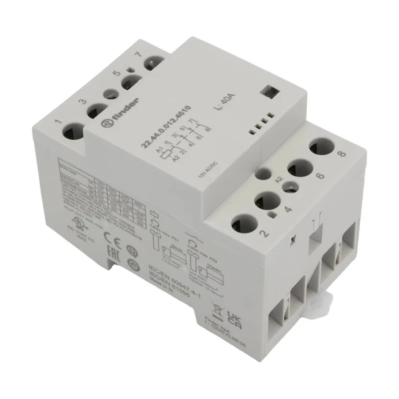 Finder 22 Contactor 12V AC/DC Coil Voltage 4-Pole 40A Contact Current DIN Rail Mount 22.44.0.012.4610