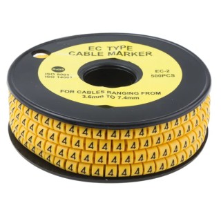 RS PRO EC Slide-On Cable Marker, Black, Pre-printed "4", Yellow PVC, 3.6-7.4 mm Cable Diameter, 5 mm Length 812-0941