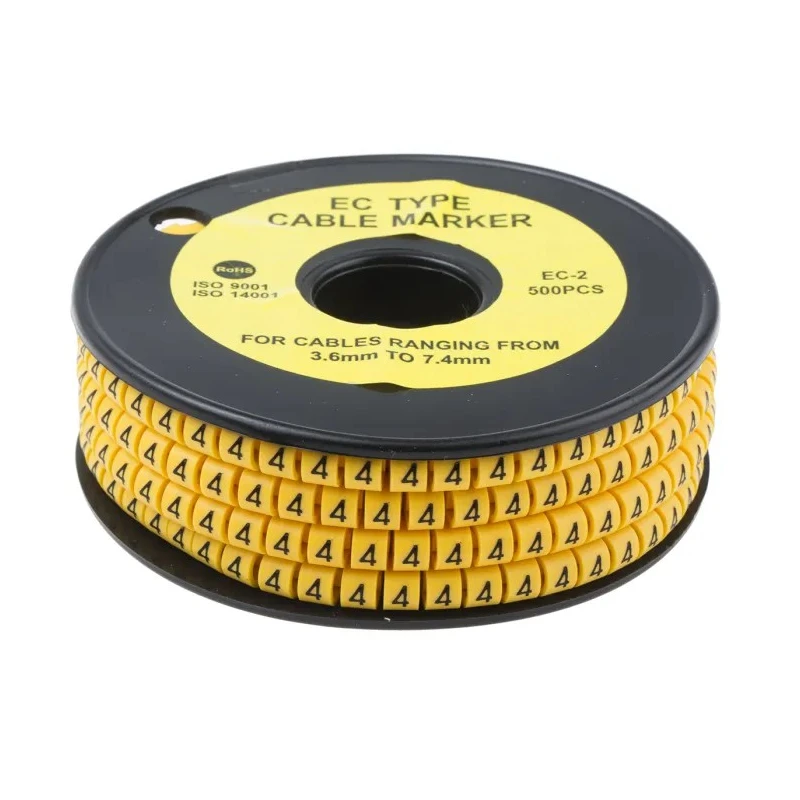 RS PRO EC Slide-On Cable Marker, Black, Pre-printed "4", Yellow PVC, 3.6-7.4 mm Cable Diameter, 5 mm Length 812-0941