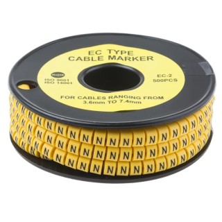 RS Pro EC Slide-On Cable Marker Black, Pre-printed "N", Fits 3.6 mm to 7.4 mm Cable Diameter, Yellow PVC Material 812-1010