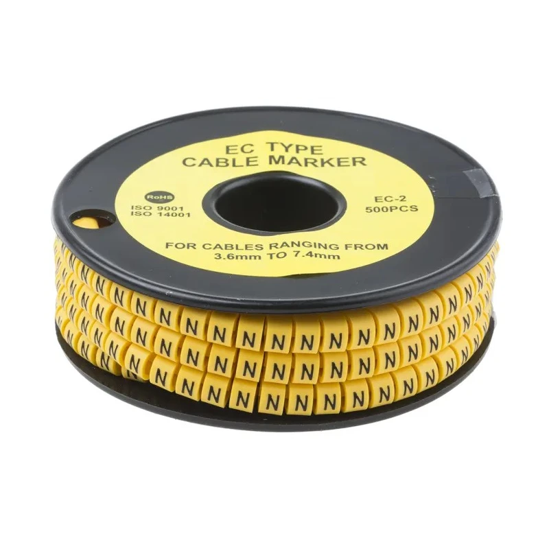 RS Pro EC Slide-On Cable Marker Black, Pre-printed "N", Fits 3.6 mm to 7.4 mm Cable Diameter, Yellow PVC Material 812-1010
