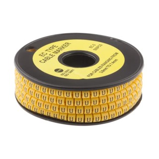 RS PRO EC Slide-On Cable Marker Black Pre-printed "U" for 3.6 mm to 7.4 mm Cable, Yellow, Polyvinyl Chloride 812-1035