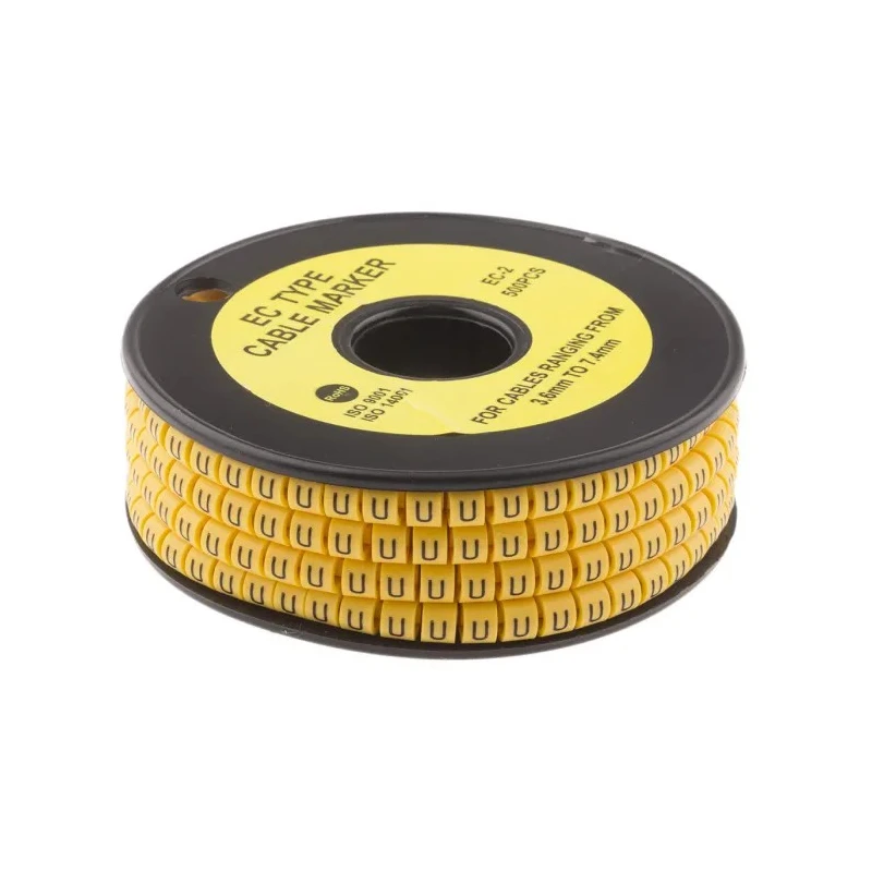 RS PRO EC Slide-On Cable Marker Black Pre-printed "U" for 3.6 mm to 7.4 mm Cable, Yellow, Polyvinyl Chloride 812-1035