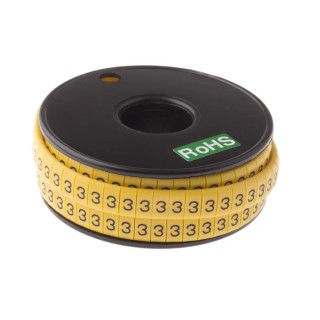 RS PRO Slide-On Cable Marker, Black Legend "3", Yellow Polyvinyl Chloride, 7 mm Max Cable Diameter, 3.5 mm Min 812-1082