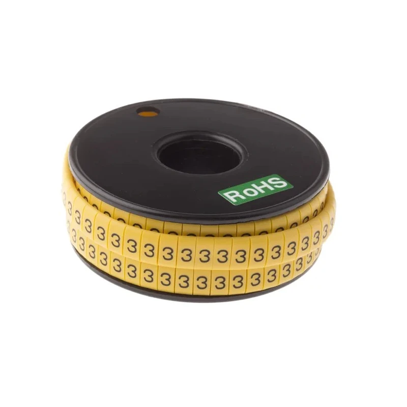 RS PRO Slide-On Cable Marker, Black Legend "3", Yellow Polyvinyl Chloride, 7 mm Max Cable Diameter, 3.5 mm Min 812-1082