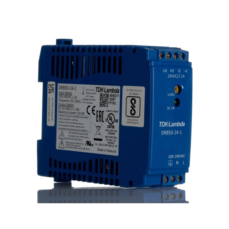 TRACOPOWER DRB Switched Mode DIN Rail Power Supply 85-264V AC Input 24-28V DC 2.1A 50W DRB-50-24-1