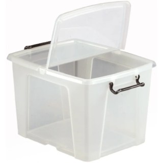 RS PRO 40L Transparent Polymer Storage Box with Hinged Lid, Lockable, Ventilated, Stackable, 320mm x 395mm x 500mm 825-2329