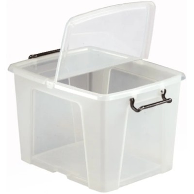 RS PRO 40L Transparent Polymer Storage Box with Hinged Lid, Lockable, Ventilated, Stackable, 320mm x 395mm x 500mm 825-2329